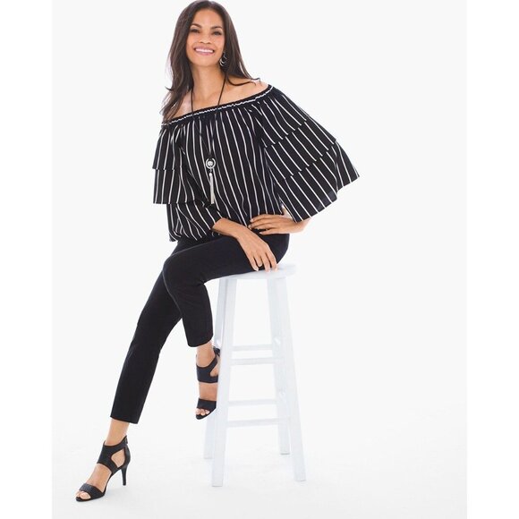 Chico's Striped Off the Shoulder Ruffle Sleeve Black White Striped Top Sz 0 US 4 - Picture 1 of 7